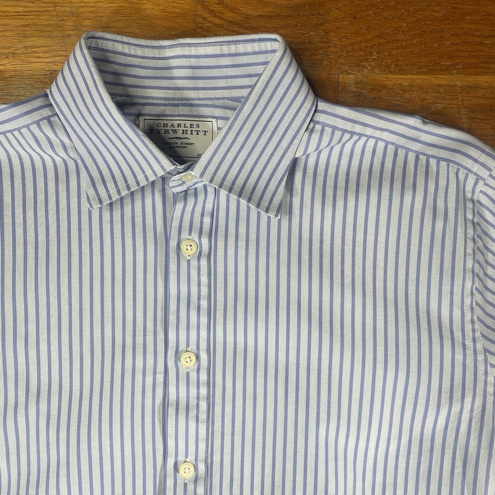 Charles Tyrwhitt Men's Button Up Shirt 17x35‎ Blue Stripe Geometric 100% Cotton
